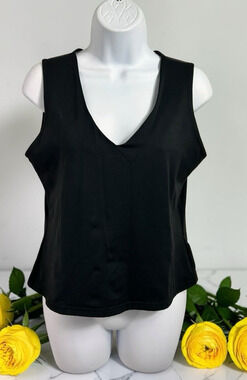 Linda Leal Black Cami V-Neck Top Sz Large Stretch Sleeveless Blouse Layering
